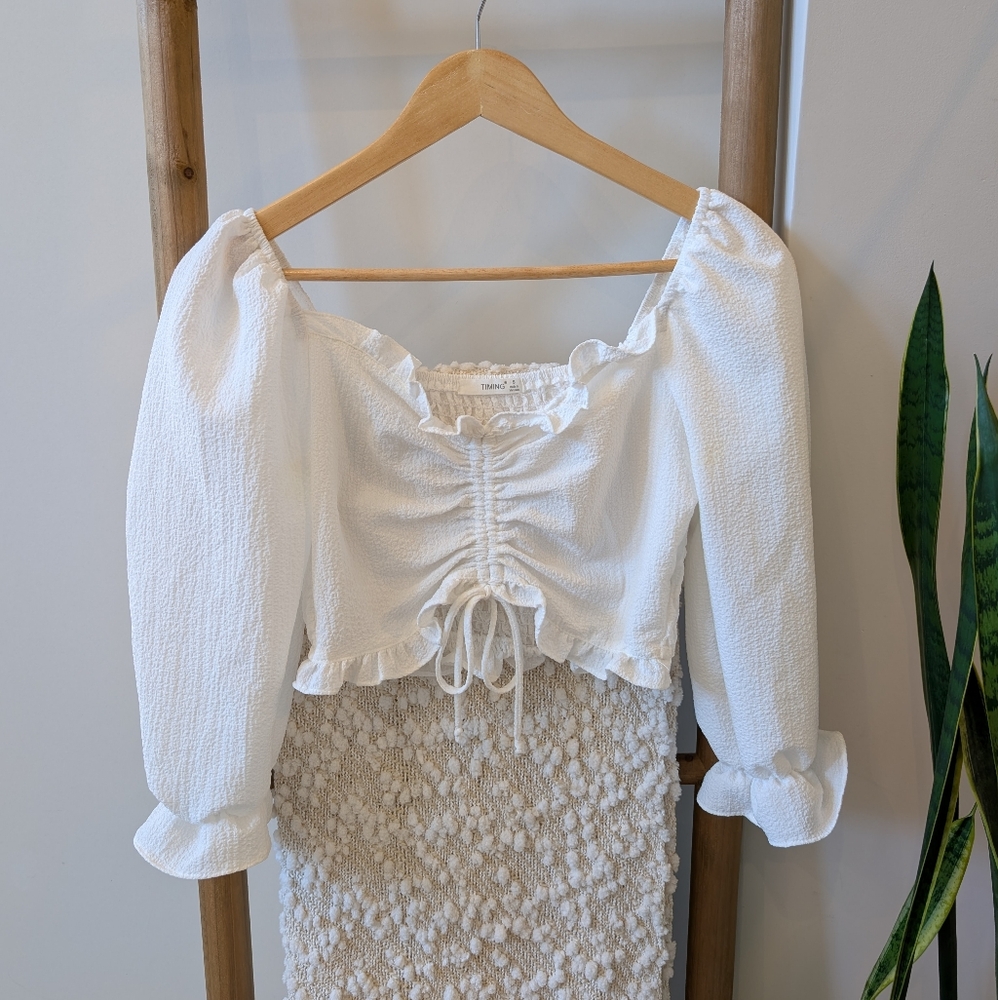 White Puff Sleeve Ruched Blouse